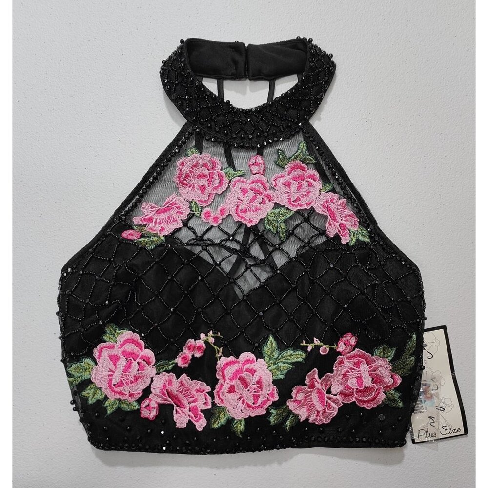 Bee Darlin Women's Black Floral Embroidered Adorned Crop Top Size 9/10